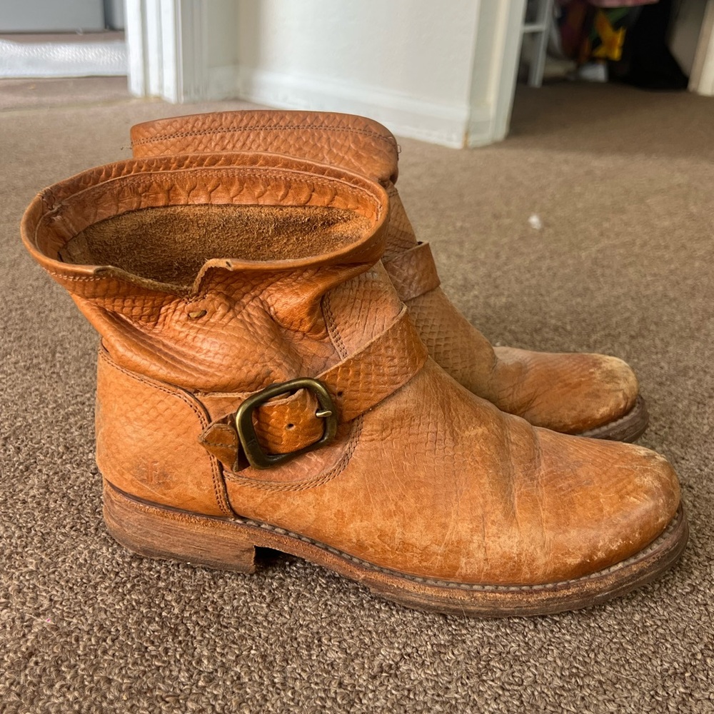 Frye Tan Leather Ankle Boots with Buckle